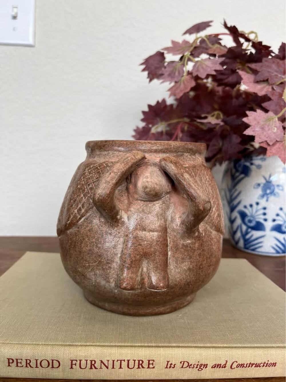 Vintage Mexican Folk Art Terracotta Clay Pot with Figural Relief